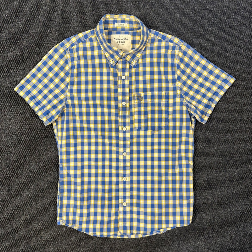 Abercrombie & Fitch Button Down Shirt Mens M Muscle Fit Blue Yellow Gingham
